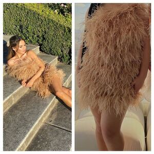 The Bar Feathered Mini Dress in Camel Tan